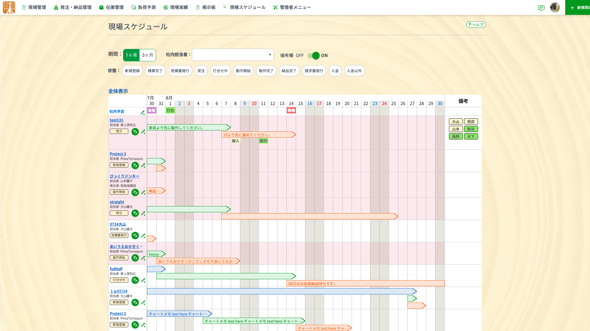 現場スケジュール画面