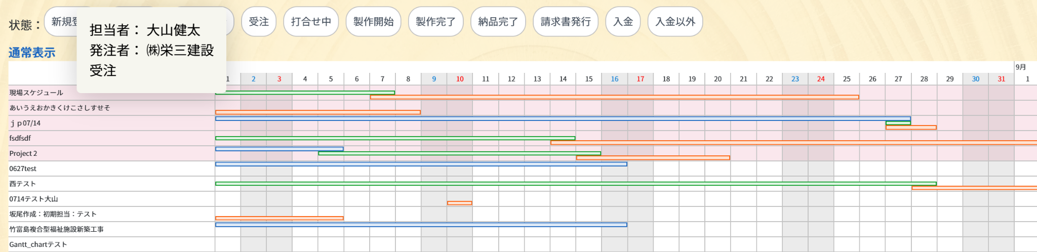 現場スケジュールのツールチップ